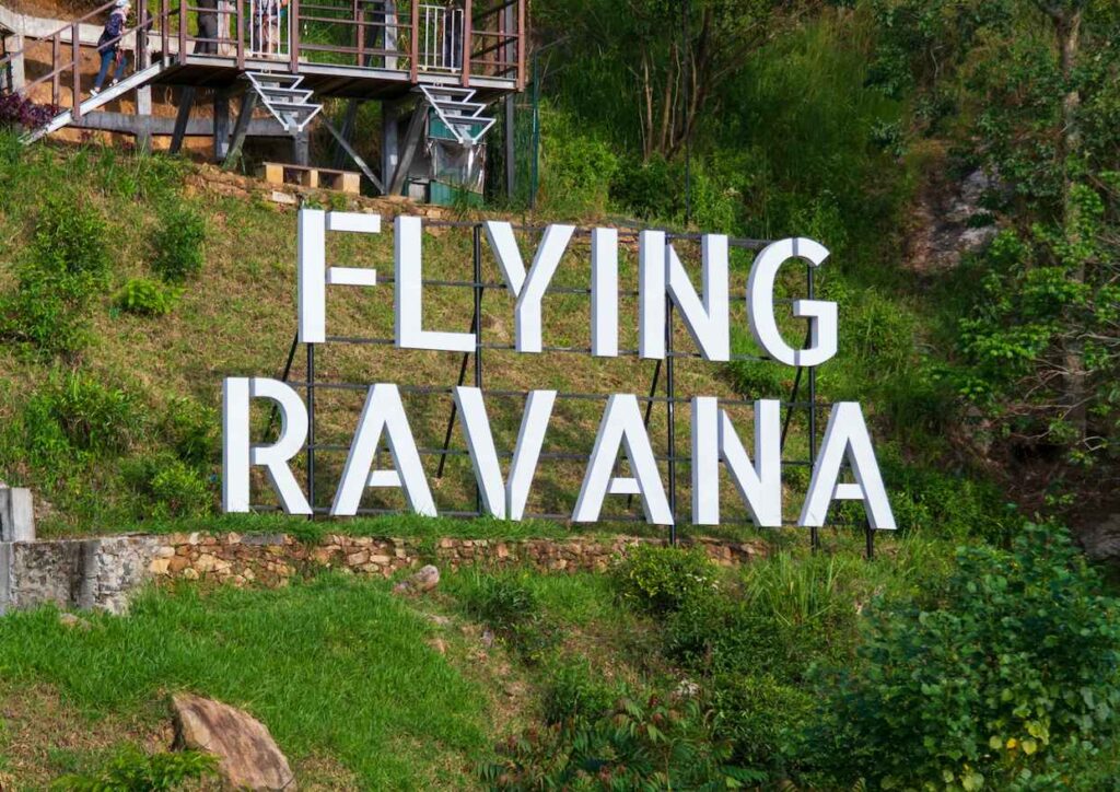 View of the Flying Ravana zipline over tea plantations
