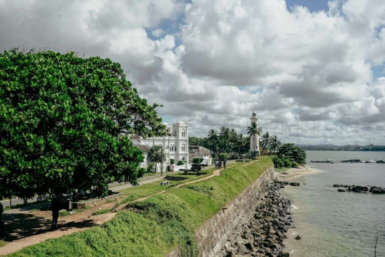 Historic colonial buildings and narrow streets inside Galle Fort overlooking the Indian Ocean