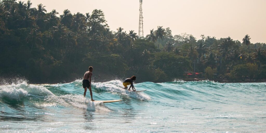 Surfer riding a wave on a sunny day at a palm-lined beach in Sri Lanka